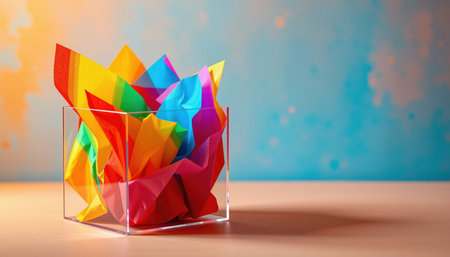 A vibrant paper in clear container showcases rainbow of colors, creating cheerful and lively atmosphereの素材