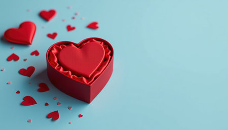 A heart shaped gift box sits on light blue background, surrounded by smaller red hearts, creating romantic and festive atmosphereの素材