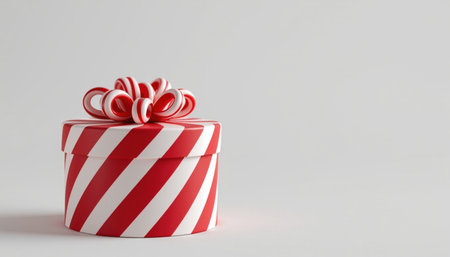 A festive gift box with red and white stripes and decorative bow sits elegantly against plain background, evoking feelings of joy and celebrationの素材