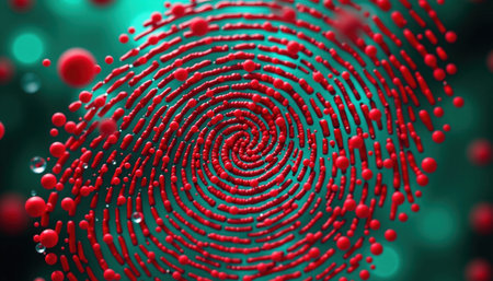 A vibrant red fingerprint design with swirling patterns, set against blurred green background, evokes sense of mystery and intrigueの素材