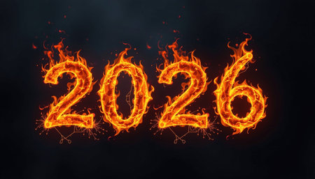 A burning fiery numbers 2026 create dramatic and intense visual effect, symbolizing energy and transformationの素材