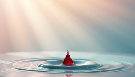 A vibrant water droplet creates ripples in serene setting, capturing essence of tranquility and beautyの素材
