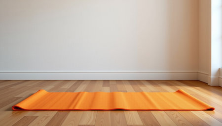A vibrant orange yoga mat laid out on wooden floor, creating serene space for practice and relaxationの素材