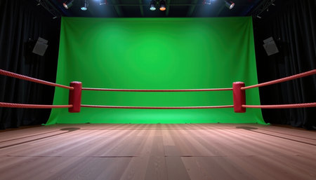 A boxing ring with red ropes is set against vibrant green screen backdrop, creating dynamic space for creative projects and productionsの素材