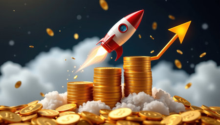A gold coins stacked high with rocket launching upwards, symbolizing financial growth and success, amidst cloud of excitementの素材
