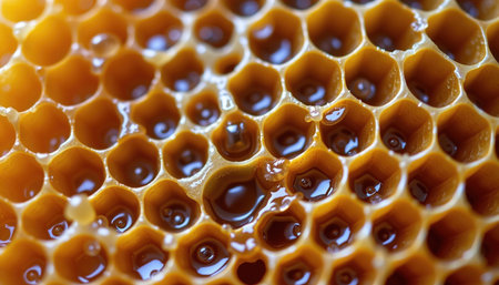 A golden honeycomb cells filled with sweet honey, showcasing intricate structure and natural beauty of this delicious substanceの素材