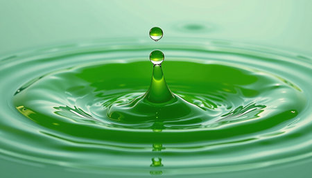 A green liquid drop creates ripples in serene environment, showcasing beauty of nature fluid dynamicsの素材