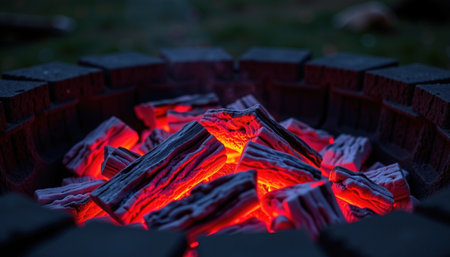 A glowing red embers in dark fire pit create warm and inviting atmosphere, perfect for gatherings and relaxationの素材