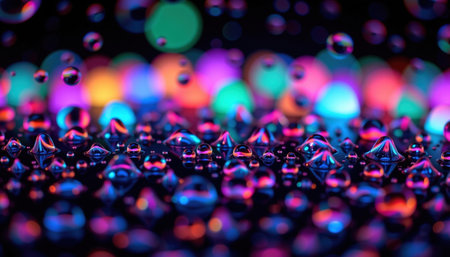 A vibrant raindrops glisten under lights, creating mesmerizing display of reflections and patterns. scene evokes sense of wonder and beautyの素材