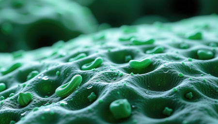 A microscopic cell surface with intricate textures and green hues, showcasing droplets of water and organic shapes, creating captivating viewの素材