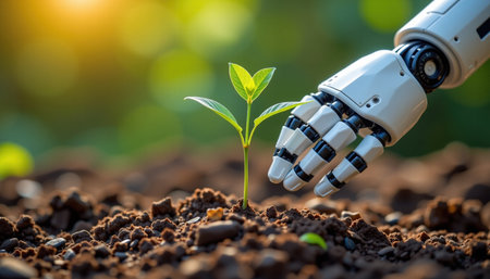 A robotic hand gently nurtures young plant, symbolizing fusion of technology and nature. this captures essence of innovation and growthの素材