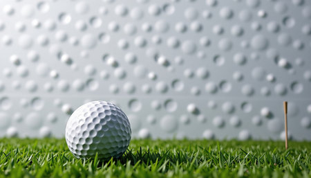 A golf ball rests lush green grass, with textured background featuring pattern of dimples. scene evokes sense of calm and focus, perfect for golfの素材