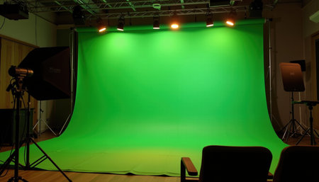 A professional green screen setup with tungsten lighting, ideal for video production and photography. space is well lit and organized, creatingの素材