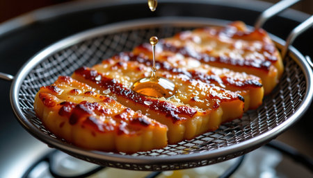 A juicy fried pork cutlet drizzled with oil, showcasing crispy texture and golden brown surface, perfect for delicious mealの素材