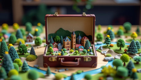 A briefcase opens to reveal charming miniature village surrounded by lush greenery and trees, evoking sense of adventure and nostalgiaの素材