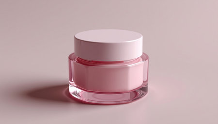 A sleek, cubeshaped face cream jar mockup with pink hue and glossy finish, perfect for showcasing skincare productsの素材