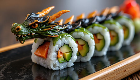 A sushi roll shaped like dragon, featuring eel, cucumber, and vibrant vegetables, beautifully presented on black plateの素材