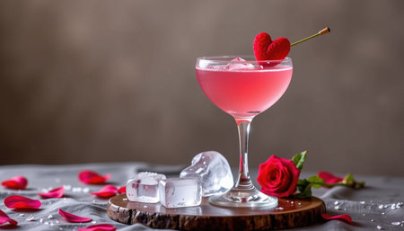 A romantic cocktail garnished with heart shaped fruit, surrounded by rose petals and ice cubes, evokes charming atmosphereの素材