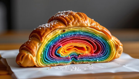 A vibrant croissant with layers of rainbow colors, showcasing delightful and whimsical design, perfect for cheerful treatの素材