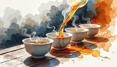 A dynamic watercolor of gongfu tea being poured into multiple bowls, showcasing rich colors and steam rising, creating warm and inviting atmosphereの素材