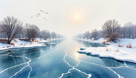 A serene winter landscape of river with ice, trees, and birds flying in sky, evoking peaceful atmosphereの素材