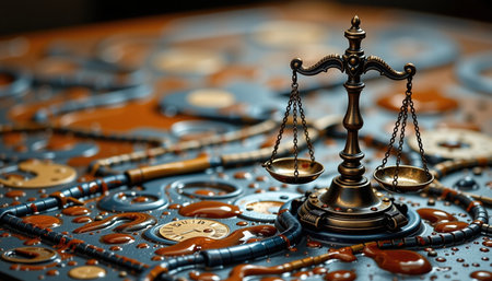 A balanced scale rests textured surface adorned with intricate gears and oil, symbolizing justice and time. scene evokes sense of depthの素材