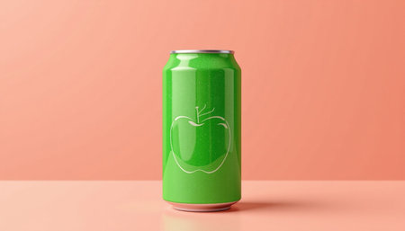 A vibrant green soda can featuring simple apple design, set against soft peach background, evokes freshness and funの素材