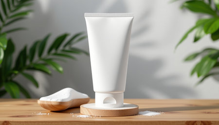 A sleek white tube of cream stands on wooden surface, surrounded by small wooden scoop and powder, evoking sense of freshness and simplicityの素材