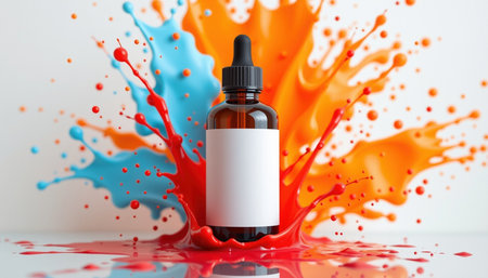 A vibrant splash of red and blue surrounds clear dropper bottle, showcasing its blank label, perfect for product brandingの素材