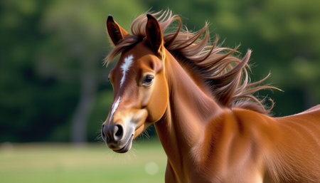 A beautiful horse foal with flowing mane stands gracefully in lush green field, exuding sense of vitality and charmの素材