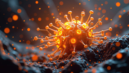 A detailed depiction of virus with glowing features, showcasing intricate structures and dynamic background. image evokes sense of scientificの素材