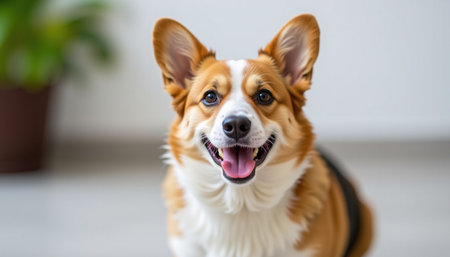 A happy welsh corgi pembroke with joyful expression, showcasing its charming personality and playful nature in bright indoor settingの素材