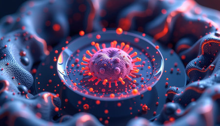 A detailed depiction of futuristic antifungal implant releasing particles, showcasing intricate textures and vibrant elements. image evokes senseの素材