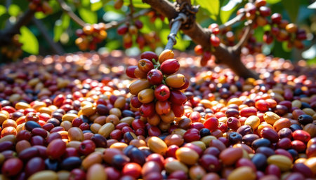 A fresh coffee cherries on tree, showcasing vibrant colors and rich textures, ready for harvesting and processingの素材