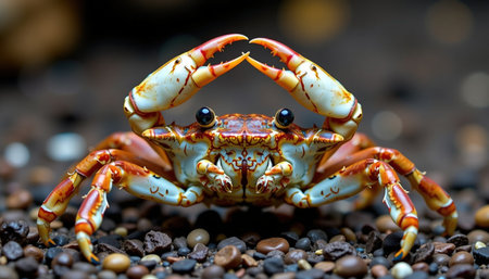 A vibrant crab with pincers raised, showcasing its striking features against backdrop of pebbles. this captures essence of marine lifeの素材