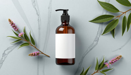 A sleek brown glass bottle with pump top sits light gray surface, surrounded by green leaves and delicate pink flowers, evoking sense of naturalの素材