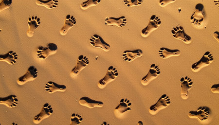 A footprints sand create beautiful pattern, showcasing natural beauty of beach environment. warm tones evoke sense of tranquility and connection toの素材