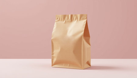 A simple paper pastry bag mockup neutral tone, perfect for showcasing branding or packaging designs. bag stands upright against soft pink backgroundの素材