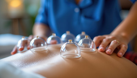 A cupping therapy session with glass cups placed on back, promoting relaxation and wellness. therapist hands gently apply pressureの素材