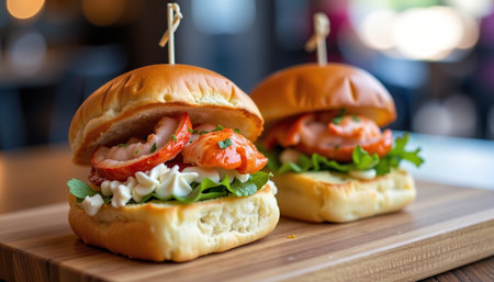 A lobster sliders with brioche buns topped with fresh ingredients create delightful culinary experienceの素材