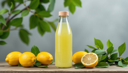 A fresh lemonade in glass bottle surrounded by vibrant lemons and green leaves, evoking refreshing and natural feelの素材