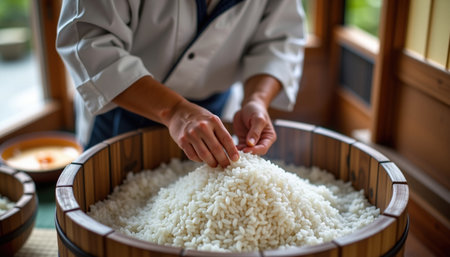 A freshly prepared rice is carefully arranged in traditional wooden container, showcasing meticulous process of rice handling in serene settingの素材