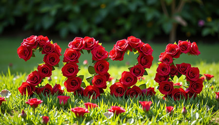 A vibrant display of blooming red roses forms numbers 2026, surrounded by lush green grass and additional rose petals, creating festive atmosphereの素材