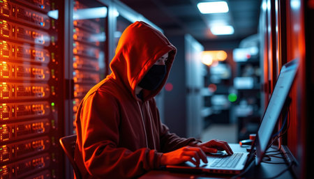 A person hoodie and mask is working computer dimly lit server room, surrounded by rows of servers. atmosphere is tense and mysterious, highlightingの素材