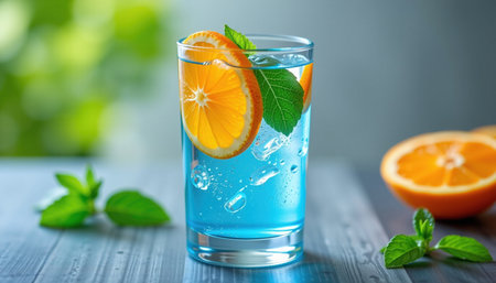 A refreshing blue drink garnished with orange slices and mint leaves, perfect for summer day. enjoy vibrant colors and flavorsの素材