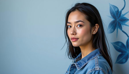 A young woman with long dark hair poses against light blue wall adorned with floral patterns, exuding confidence and graceの素材