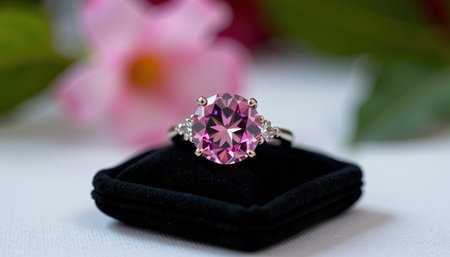 A stunning pink diamond ring displayed on black velvet cushion, surrounded by soft floral elements, exuding elegance and luxuryの素材
