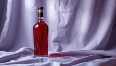 A sleek liquor bottle stands elegantly on soft fabric backdrop, showcasing its rich amber liquid. scene evokes sense of sophistication and warmthの素材