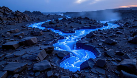A stunning blue lava flow meanders through rocky landscape, creating mesmerizing contrast against dark terrain. ethereal glow of lava illuminatesの素材