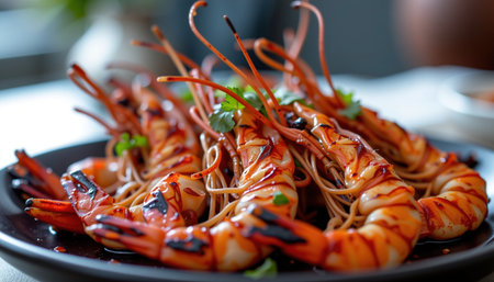 A spicy grilled river prawns served on plate with noodles, garnished with herbs, creating delicious and appetizing dishの素材
